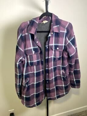 L-999 Duluth Trading Co Purple Plaid Flannel Shirt Fleece Lined Men's L Snap